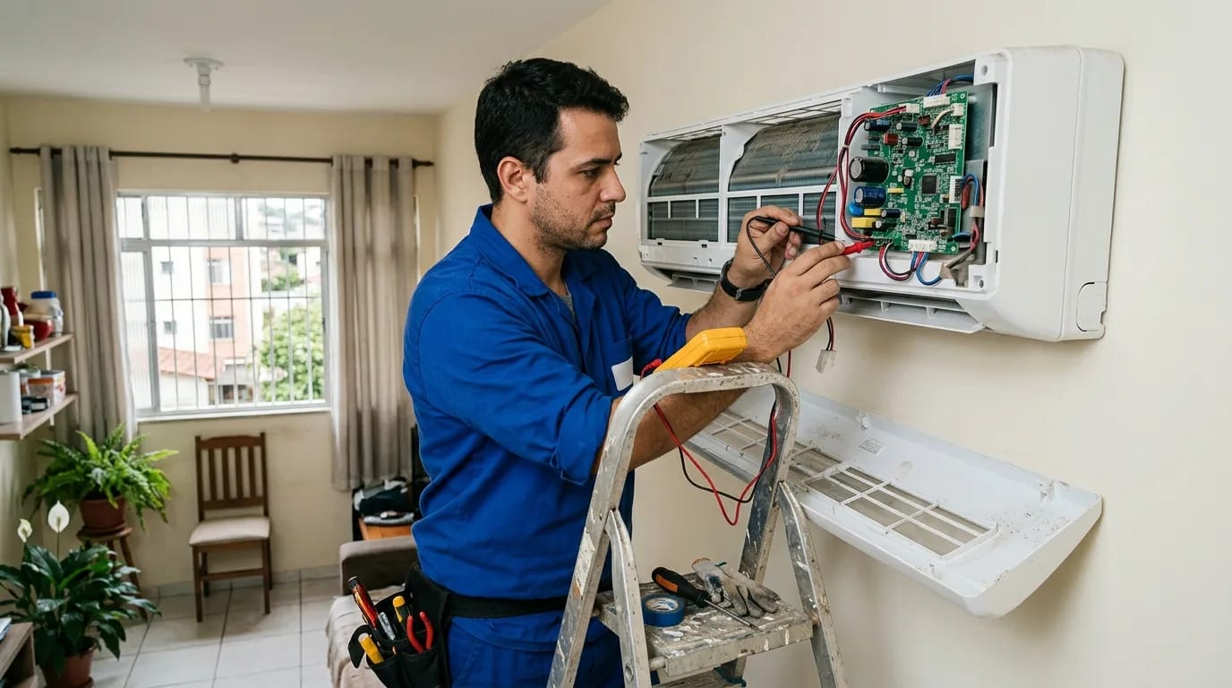 Eletricista ligando a placa do ar-condicionado split em Serra‑ES